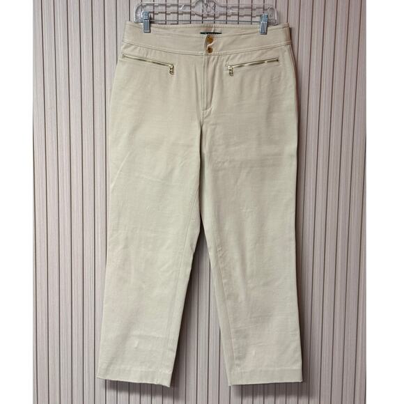 Lauren Ralph Lauren Women’s Slim Straight Stretch Pants Size 8 Beige Gold Zip - Picture 1 of 11